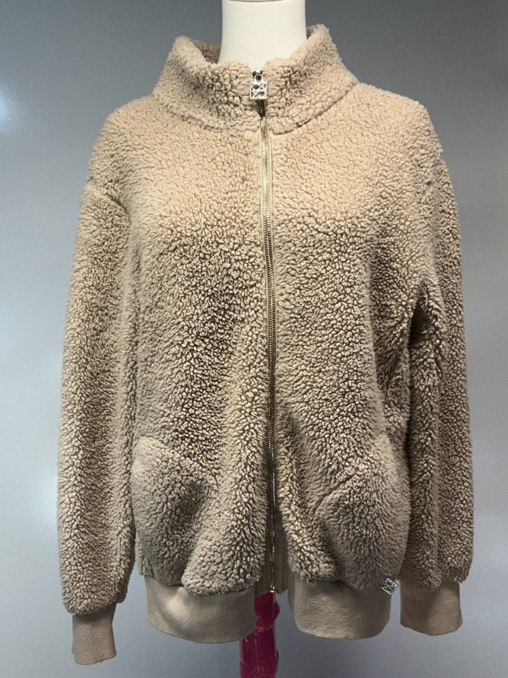 Calvin Klein L Tan Sherpa Teddy Fleece Full Zip Jacket Cozy Fall Winter - Picture 2 of 13
